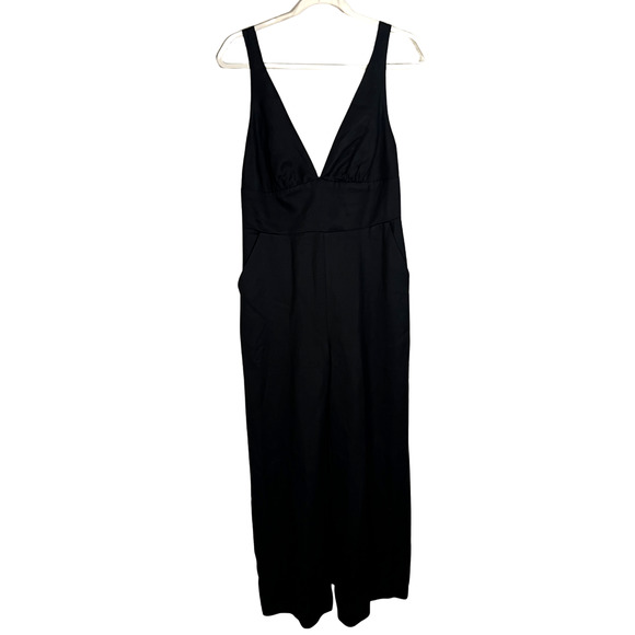 Bardot Jumpsuit Sz 6 Small Black Wide Leg V Neck Linen Blend Pockets Minimalist - Picture 1 of 7